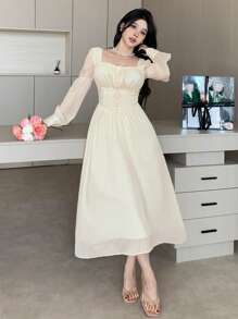 DAZY Women Elegant Wedding Guest Solid Color Square Neck Puff Sleeve Tie-Up Mid-Long Dress, Spring Prom Dress,Fall Dress Long Sleeve Dress