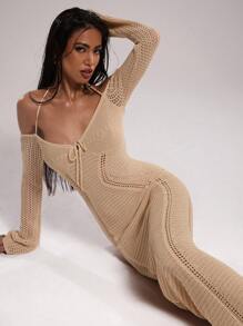 SHEIN BAE Vestido de punto ajustado con hombros descubiertos y lazo delantero de unicolor, ropa de San Valentín, atuendos de vacaciones, atuendos de verano para mujer, suéteres para mujer, vestidos de verano para mujer, atuendos de playa para mujer, ropa occidental para mujer, vestido de suéter para mujer, vestido de verano para mujer en otoño/invierno