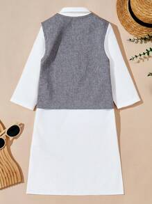 SHEIN 2 件套年轻男孩休闲校园铝箔花卉图案背心和衬衫，配有翻领和前排纽扣长袍 - 灰色 - 查看 8