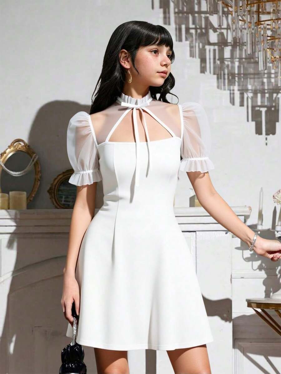 SHEIN Leap Crew Tween Girl Casual Mesh Patchwork Knit Solid Color Short Sleeve Dress - White - View 1