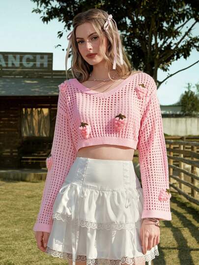 Kawaii Strawberry Decor Hollow See-Through Pink Sweater For Women, Spring