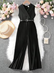 SHEIN Tween Girls Solid Turndown Collar Sleeveless Urban Elegant Jumpsuit With Pleated Pants - Black - View 2