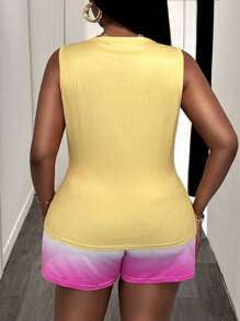Slaydiva Casual U-Neck Vest Yellow Top Gradient Printed Shorts Tight Women's Plus Two-Piece Set-C