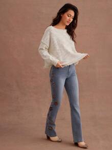 WESTFADE 宽松透视竹节针织蕾丝下摆牛仔毛衣 - 白色 - 查看 3