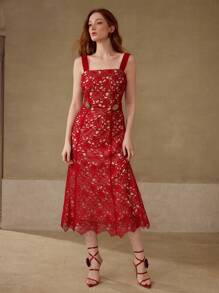 MOTF PREMIUM GUIPURE LACE BIAS CUT DRESS - Red - View 7