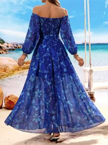 Breezaya Off-Shoulder Blue Rose Floral Print Dress, Vacation Style