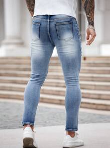 Manfinity Roughcore Men's Skinny Fit Blue Denim Jeans - Light Wash - View 2