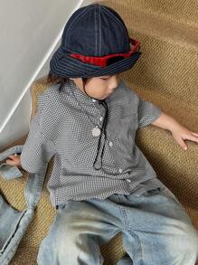 DAZY 年轻男孩格子卡通印花休闲衬衫 - 黑與白 - 查看 7