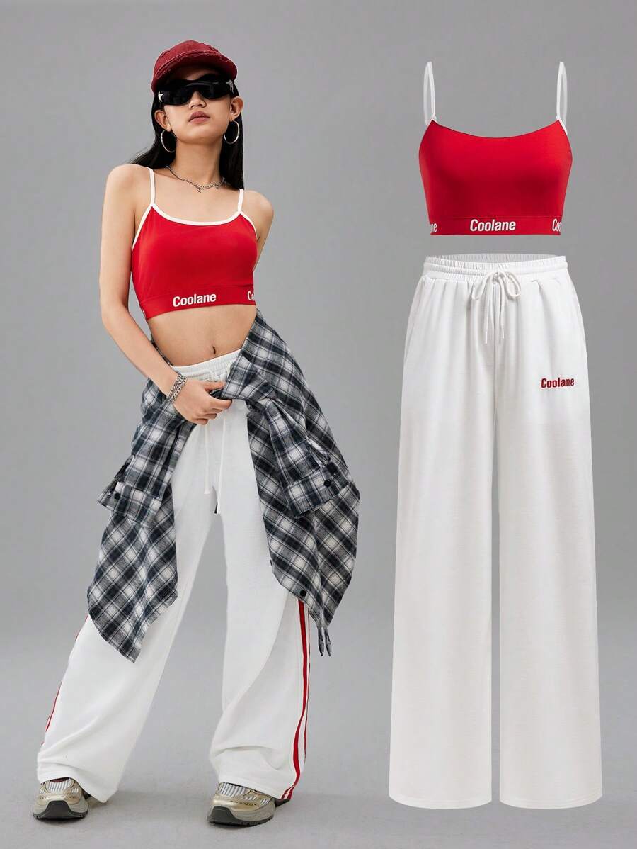 SHEIN Teen Girls Fashionable Street-Style Color-Blocking Webbing Top And Shorts 2pcs Set, Suitable For Spring And Summer, Workout Sets, Summer Sets, Back To School Clothes - White - View 1