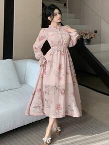 DAZY Women Floral Print Ruffle Collar Puff Sleeve Mid-Length Dress,Fall Dress Long Sleeve Dress - Pink - View 4