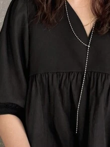 FRIFUL 女式黑色 V 领泡泡袖衬衫，夏季服装，荷叶边