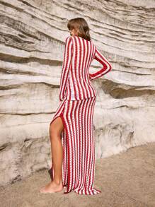 SHEIN X LOS FAVORITOS DE ANA GONZALEZ Maija 女士前系带长袖休闲吊带背心泳衣上衣和裙子泳装罩衫套装，波西米亚风 - 紅白色 - 查看 2