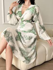 DAZY Tie-Waist V-Neck Lantern Sleeve Floral Midi Dress For Women,Fall Dress Long Sleeve Dress