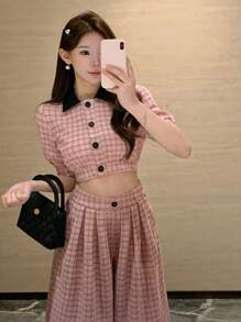 DAZY 2pcs Women Set Contrast Plaid Front Button Blouse And Long Pants Suit