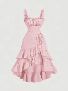 SHEIN MOD Plus Size Apricot Romantic Multilayered Vintage Palace Style Ruffle Hem Dress For Women,Birthday Dresses For Women