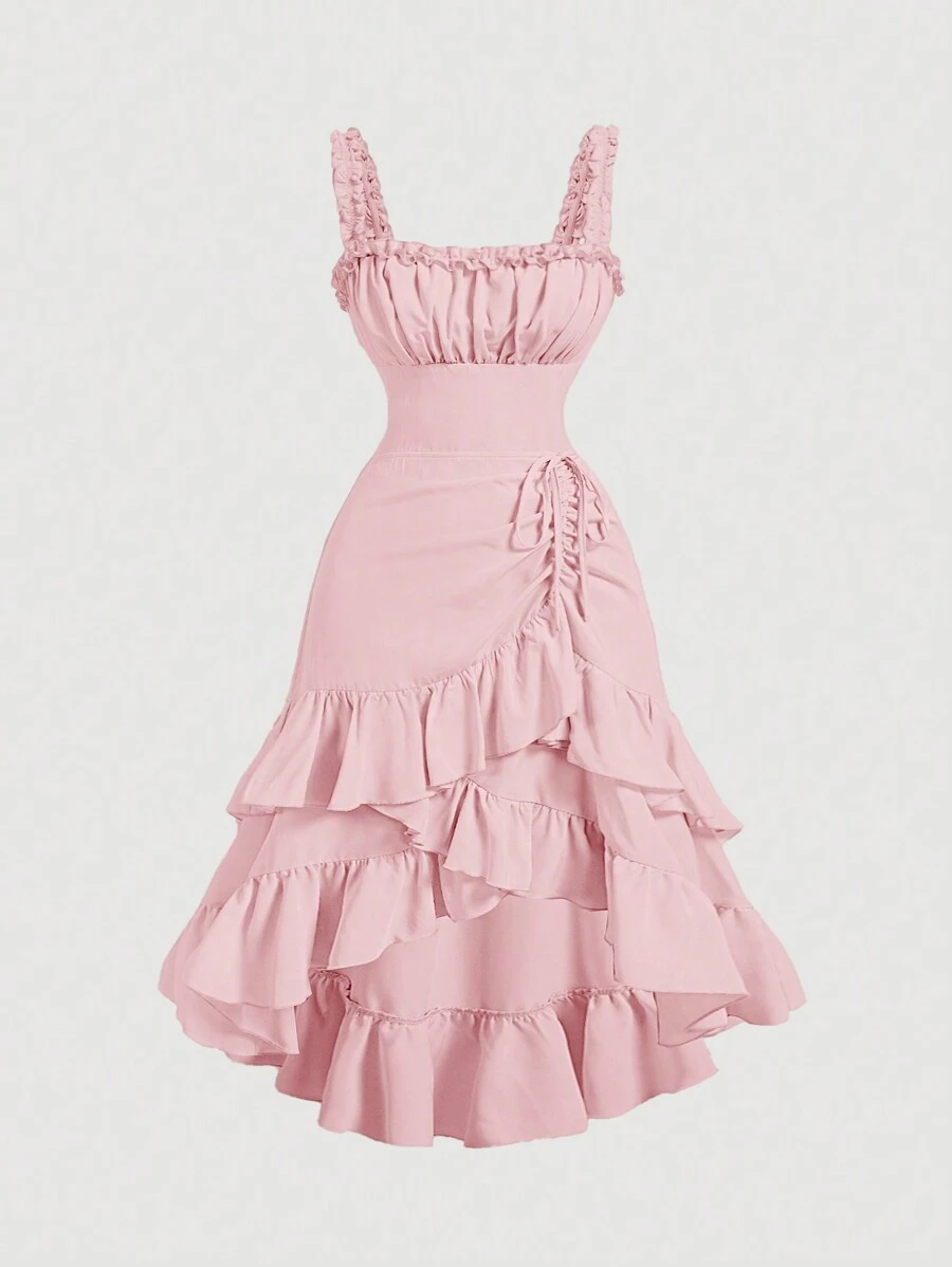 SHEIN MOD Plus Size Apricot Romantic Multilayered Vintage Palace Style Ruffle Hem Dress For Women,Birthday Dresses For Women