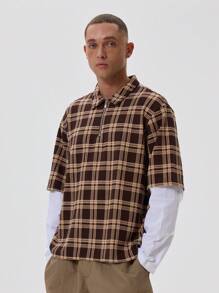 Musero Checkered Zip Collar Shirt Long Sleeve Layer Oversized T-Shirt Top