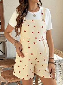 SHEIN 2pcs/Set Maternity Versatile Heart Print Overall Shorts And Short Sleeve Top - Beige - View 5