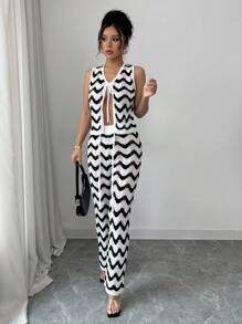 SHEIN Unity 2pcs/Set Women Lace-Up Sleeveless Striped Crop Top & Wide Leg Pants Knitted Sweater Set Fall Cloth For Women - Black and White - View 6