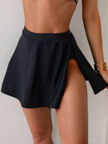 SHEIN Swim Women's Solid Color Elastic Waist Black Bikini Skirt Swimwear Bottom, For Summer Beach Vacation - Black - View 1