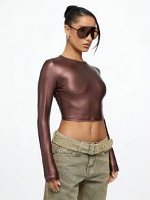 SUMWON WOMEN Metallic Long Sleeve Crop Top Y2K Fashion Club Party Wear Slim Fit Stretchy Mock Neck Dance Performance Rave Festival Aesthetic Streetwear - Burgundy - View 5