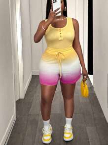 Slaydiva Casual U-Neck Vest Yellow Top Gradient Printed Shorts Tight Women's Plus Two-Piece Set-C
