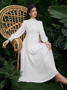 Mulvari Simple Solid Color Button Front Long Sleeve Casual Elegant Dress - White - View 6