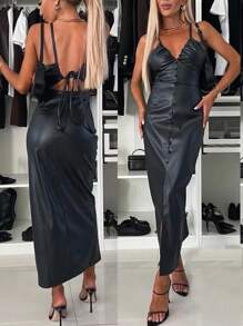 SHEIN Essnce Women's Solid Color Spaghetti Strap Slit Hem Fitted Long Dress - Black - View 7