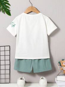 2 pièces Ensemble T-shirt tricoté à manches courtes avec imprimé végétal ample au col rond et short unicolore, pour garçon, décontracté, polyvalent pour l'école, le jardin, la plage, les anniversaires, le printemps, l'été, l'automne et l'hiver