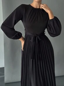 SHEIN Essnce Tay áo lồng đèn Viền xếp Váy có thắt lưng - màu đen - Xem 3