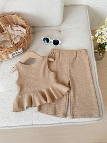 Bộ quần ống rộng lưng chun co giãn màu trơn mùa hè cho bé gái - Màu Khaki - Xem 2