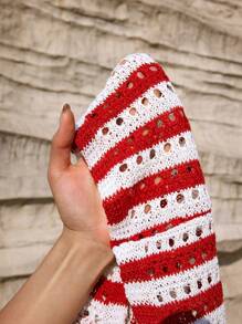 SHEIN X LOS FAVORITOS DE ANA GONZALEZ Maija 女士前系带长袖休闲吊带背心泳衣上衣和裙子泳装罩衫套装，波西米亚风 - 紅白色 - 查看 8