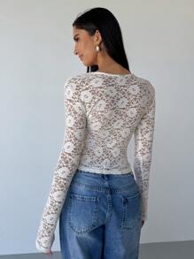 Aloruh Women's Elegant Sexy Retro Romantic Lace Bow Decoration Deep V Tights, Valentine's Day Clothing, Long Sleeve Tops, Tops, Women's Tops, Valentine's Day, Tops, White Tops, Women's Going Out Tops, Elegant Summer Women's Tops, Tops - Beige - View 2