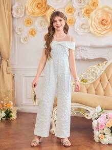 Tween Girls Jacquard Fabric Wide Leg Jumpsuit, Spring/Summer - White - View 3