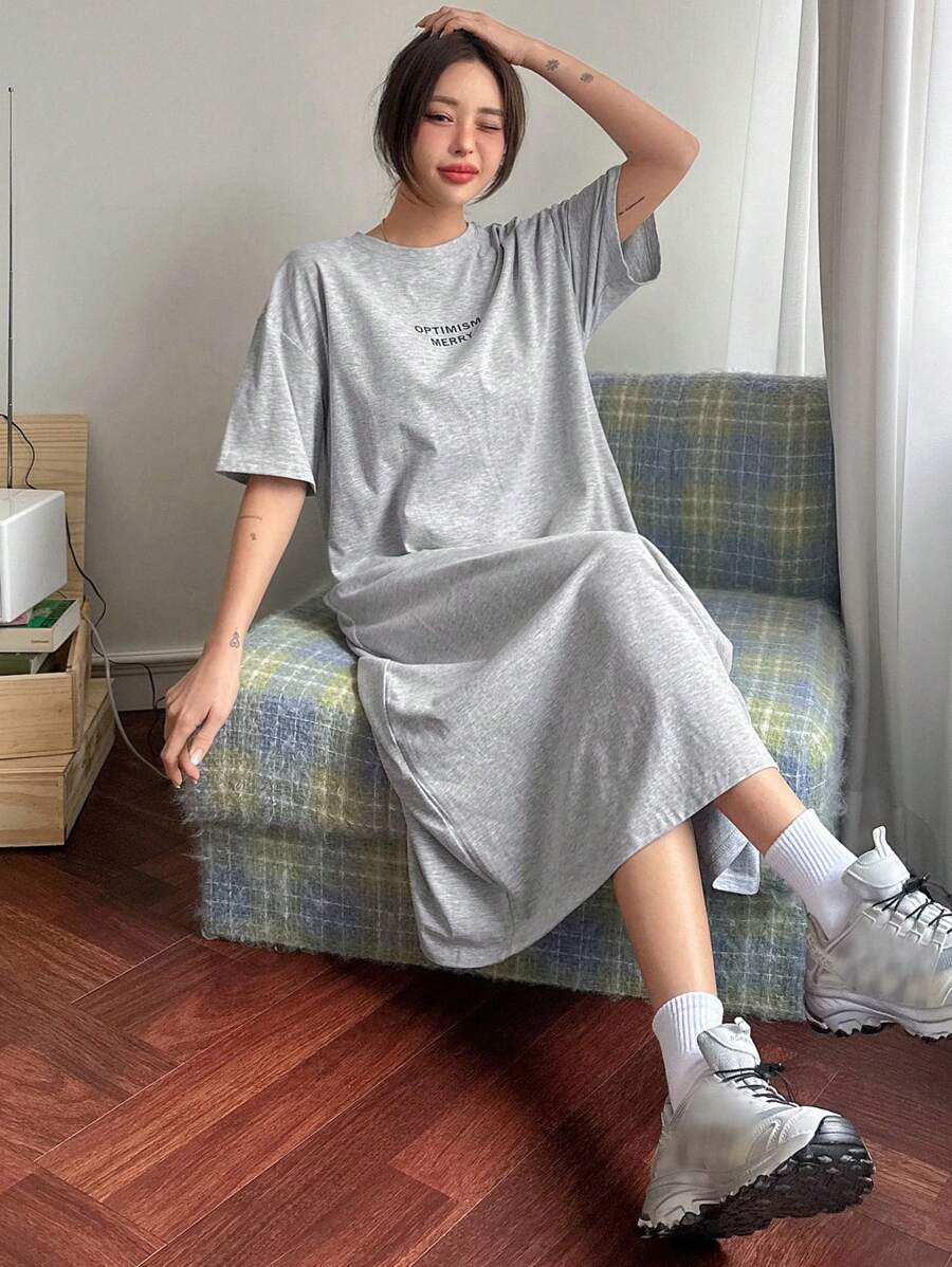 DAZY Spring/Summer New Letter Print Loose Casual Dress For Women Sundress - Grey - View 1