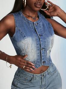 Slaydiva Women Casual Washed Denim Jacket With Embroidery - Blue - View 5