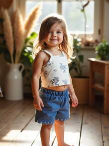 Vintaside Kids Babygirl 2 件套轻盈贴身可爱花卉印花吊带背心搭配时尚休闲刺绣牛仔裤套装，非常适合夏季，花卉印花增添俏皮迷人元素，牛仔裤和上衣相得益彰，为宝宝打造时尚舒适的装扮 - 彩色 - 查看 3