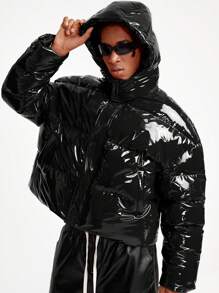 AXEPEAK Men's Solid Color Shiny Front Zip Closure Hooded Winter Jacket - Black - View 4