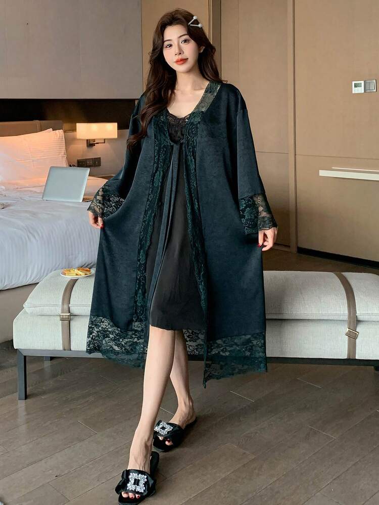 Women's Elegant Satin & Lace Patchwork Loose Tied Bathrobe Pajama