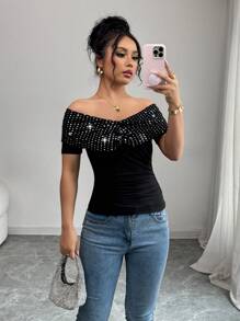 Elenzga 女士时尚通勤亮片装饰露肩 T 恤