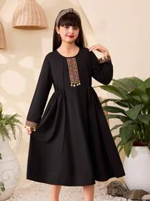 Tween Girls Black Long Sleeve Mid-Length Dress, Combining And Fashion Elements To Showcase The Unique Charm Of Young Girls - Black - View 7