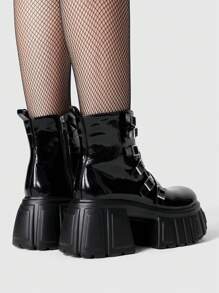 ROMWE Goth Zapatos de tacón de cuña y plataforma con diseño de hebilla ajustable múltiple para mujer - Negro - Ver 5