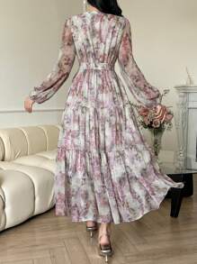 DAZY 女士长款休闲连衣裙，简约时尚，适合日常穿着，花卉图案，秋季长袖连衣裙，度假装扮 - 淺灰紫 - 查看 6