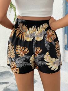 SHEIN 孕妇热带印花松紧腰夏季沙滩短裤 - 彩色 - 查看 2