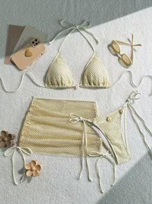 Swim Mod Set de 3 piezas de traje de baño de mujer para vacaciones de verano con bikini de unicolor y textura - Albaricoque - Ver 1