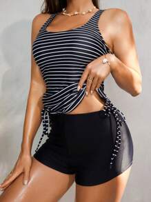 Swim Lushoire 女士条纹吊带露背束腰两件套比基尼泳装，适合海滩、夏季