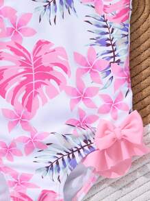 Baby Girls' Tropical Print Bow Ruffles One Piece Swimsuit, Baby Summer Beach Vacation Swimwear - Multicolor - View 5