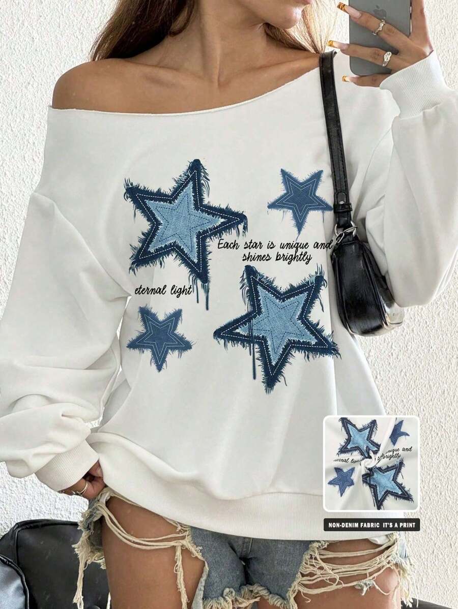 SHEIN EZwear Áo nỉ nhẹ hở vai dài tay in hình ngôi sao xanh trắng giản dị cho nữ, mùa thu/đông - trắng - Xem 1