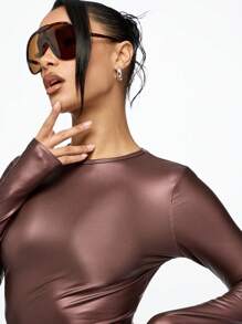 SUMWON WOMEN Metallic Long Sleeve Crop Top Y2K Fashion Club Party Wear Slim Fit Stretchy Mock Neck Dance Performance Rave Festival Aesthetic Streetwear - Burgundy - View 4