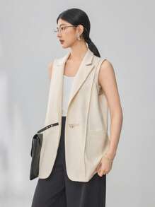 Dazy-Less 1pc Women's Business Casual Asymmetric Design Vest Style Blazer With Belt Old Money Style
